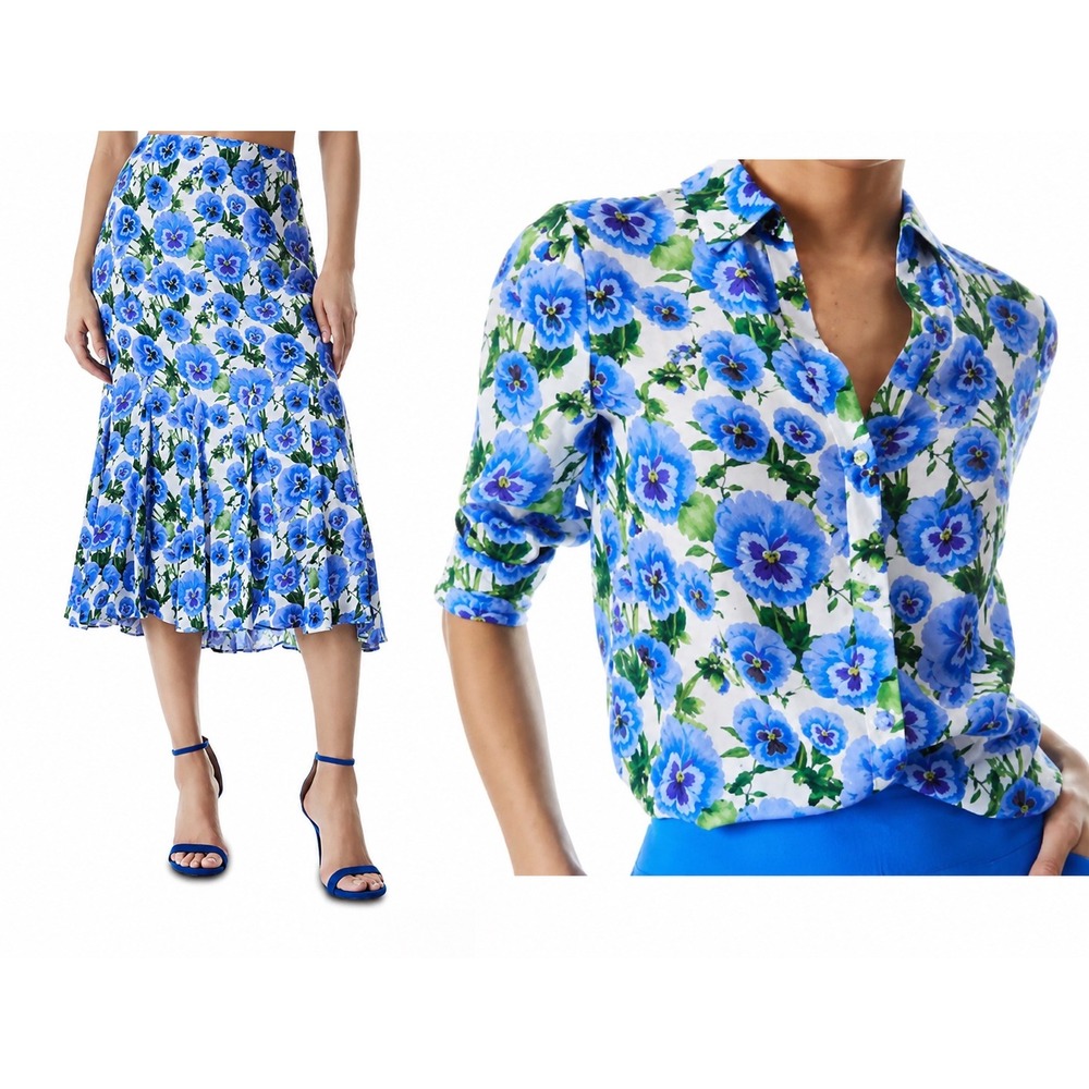 Alice + Olivia Eloise Silk Blouse & Skirt Set Blue Pansy Floral Luxury Career